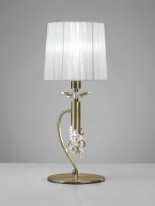 Tiffany Table Lamp 1+1 Light E14+G9, Antique Brass With White Shade & Clear Crystal