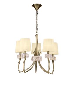 Loewe 66cm Pendant 5 Light E14, Antique Brass With Cream Shades