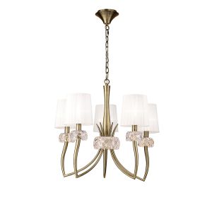 Loewe 66cm Pendant 5 Light E14, Antique Brass With White Shades (4731)
