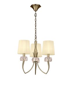 Loewe 50cm Pendant 3 Light E14, Antique Brass With Cream Shades