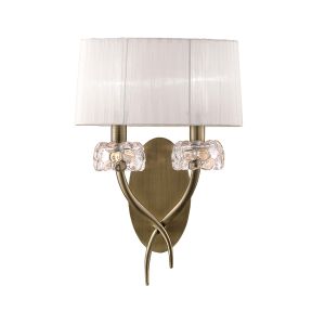 Loewe Wall Lamp Switched 2 Light E14, Antique Brass With White Shade