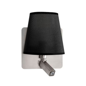 Bahia Wall Lamp With Large Back Plate 1 Light E27 + Reading Light 3W LED With Black Shade Satin Nickel 4000K, 200lm, 3yrs Warranty