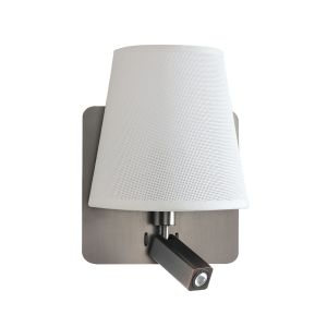 Bahia Wall Lamp With Large Back Plate 1 Light E27 + Reading Light 3W LED With White Shade Satin Nickel 4000K, 200lm, 3yrs Warranty