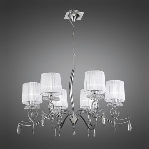 Louise 88cm Pendant 6 Light E27 With White Shades Polished Chrome / Clear Crystal