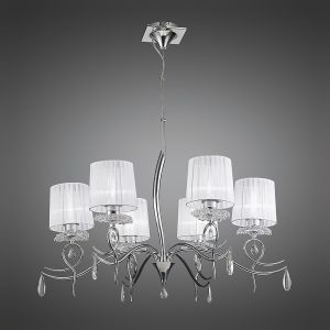 Louise Pendant 6 Light E27 With White Shades Polished Chrome / Clear Crystal