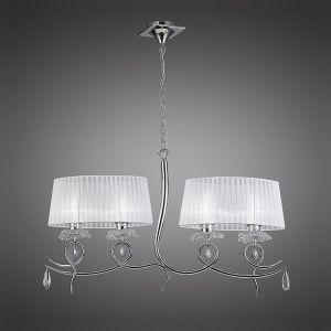 Louise Linear Pendant 2 Arm 4 Light E27 With White Oval Shades Polished Chrome / Clear Crystal