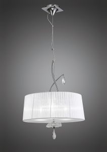 Louise 50cm Pendant 3 Light E27 Round With White Shades Polished Chrome / Clear Crystal