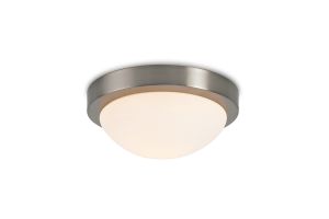 Porter IP44 1 Light E27 25cm Flush Ceiling Light, Satin Nickel With Opal White Glass