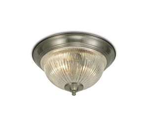 Macy IP44 2 Light E14 Flush Ceiling Light, Satin Nickel With Clear Ribbed Glass