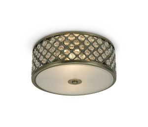 Sasha 2 Light E14, Flush Ceiling Light, 300mm Round, Antique Brass With Crystal Glass And Opal Glass Diffuser