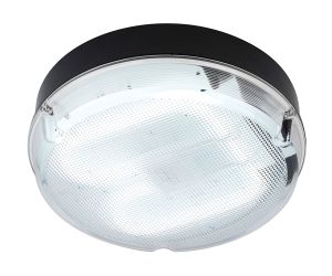 Pluto Large Round HF & Emergency IP65 Bulkhead With Clear Prismatic Cover & Black Base - 28W GR10q 2D 4Pin Lamp Included