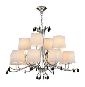 Andrea Pendant 100cm Round, 8+4 x E14 (Max 20W), Polished Chrome, White Shades, Black Crystal Droplets