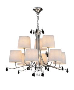 Andrea Pendant 88cm Round, 6+3 x E14 (Max 20W), Polished Chrome, White Shades, Black Crystal Droplets