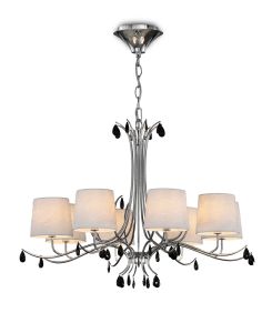 Andrea Pendant 100cm Round, 8 x E14 (Max 20W), Polished Chrome, White Shades, Black Crystal Droplets