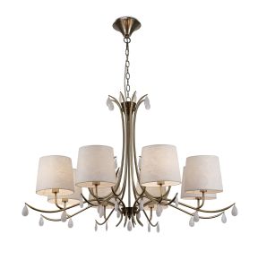 Andrea Pendant 100cm Round, 8 x E14 (Max 20W), Antique Brass, White Shades, White Crystal Droplets