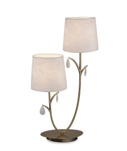 Andrea Table Lamp 63cm, 2 x E14 (Max 20W), Antique Brass, White Shades, White Crystal Droplets