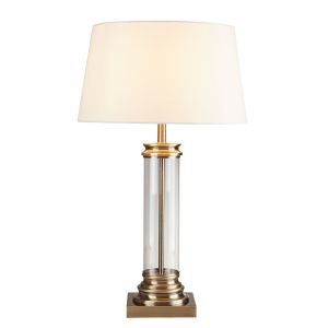 Pedestal Table Lamp - Glass Column & Antique Brass Base, Cmozarella Shade