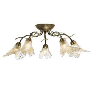 Lily 5 Light Antique Brass Semi flush Fitting - Contemporary Wood Amber Petal Glass