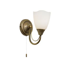 Haughton 1 Light E14 Antique Brass Wall Light With Pull Cord Switch C/W Opal Glass Shades