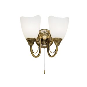 Haughton 2 Light E14 Antique Brass Wall Light With Pull Cord Switch C/W Opal Glass Shades
