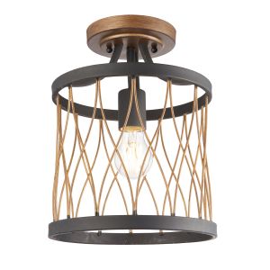 Hatysa 1 Light E27 Black & Rustic Bronze Finished Metalwork Semi Flush Fitting