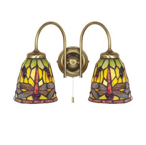 Endon Savoir 2 Light E14 Antique Brass Wall Light C/W Leaded Tiffany Glass Shades With Pull Cord Switch