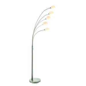 Jaspa 5 Light 25W Integral LED 3000K Satin Nickel Multi Arm Floor Lamp With Rotary Dimmer Switch C/W White Glass Shades