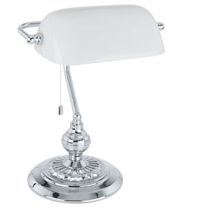 Bankers Table Lamp 1 Light E27 Satin Nickel/White Glass