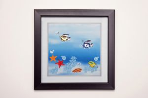 (DH) Aqua Swimming Fish, Black Frame, Amber, Blue, Clear Crystal