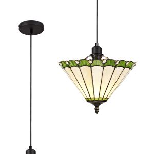 Adolfo 1 Light Uplighter Pendant E27 With 30cm Tiffany Shade, Green/Cream/Crystal/Black