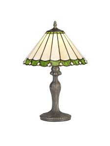 Adolfo 1 Light Curved Table Lamp E27 With 30cm Tiffany Shade, Green/Cmozarella/Crystal/Aged Antique Brass