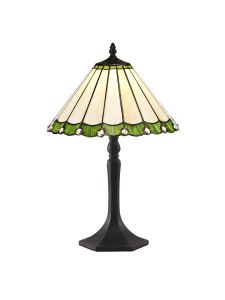 Adolfo 1 Light Octagonal Table Lamp E27 With 30cm Tiffany Shade, Green/Cream/Crystal/Aged Antique Brass