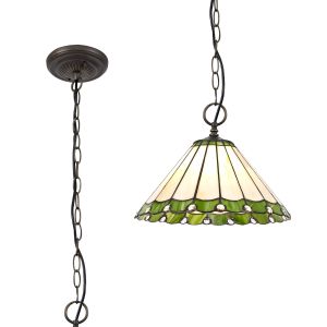 Adolfo 1 Light Downlighter Pendant E27 With 30cm Tiffany Shade, Green/Cream/Crystal/Aged Antique Brass