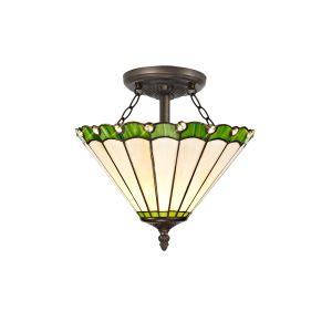 Adolfo 2 Light Semi Flush E27 With 30cm Tiffany Shade, Green/Cream/Crystal/Aged Antique Brass