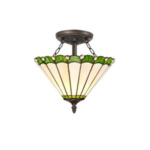 Adolfo 2 Light Semi Flush E27 With 30cm Tiffany Shade, Green/Cmozarella/Crystal/Aged Antique Brass