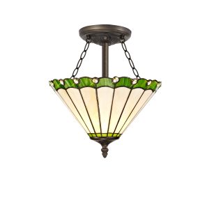 Adolfo 3 Light Semi Flush E27 With 30cm Tiffany Shade, Green/Cream/Crystal/Aged Antique Brass