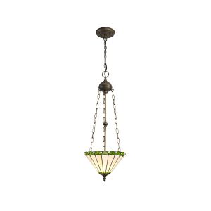 Adolfo 3 Light Uplighter Pendant E27 With 30cm Tiffany Shade, Green/Cream/Crystal/Aged Antique Brass
