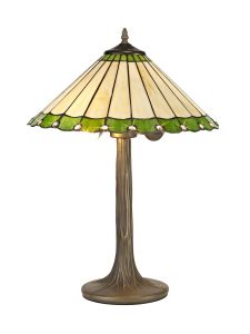 Adolfo 2 Light Tree Like Table Lamp E27 With 40cm Tiffany Shade, Green/Cream/Crystal/Aged Antique Brass