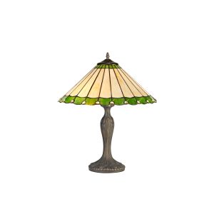 Adolfo 2 Light Curved Table Lamp E27 With 40cm Tiffany Shade, Green/Cream/Crystal/Aged Antique Brass