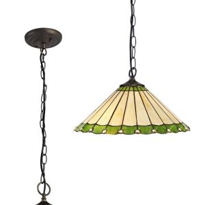Adolfo 40.5cm 1 Light Downlighter Pendant E27 With 40cm Tiffany Shade, Green/Cream/Crystal/Aged Antique Brass