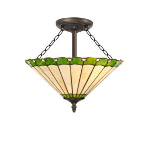 Adolfo 40.5cm 3 Light Semi Flush E27 With 40cm Tiffany Shade, Green/Cream/Crystal/Aged Antique Brass
