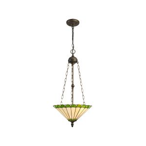 Adolfo 3 Light Uplighter Pendant E27 With 40cm Tiffany Shade, Green/Cmozarella/Crystal/Aged Antique Brass