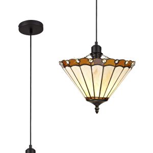 Adolfo 1 Light Uplighter Pendant E27 With 30cm Tiffany Shade, Amber/Cream/Crystal/Black