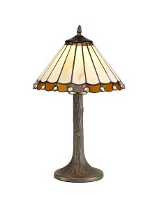 Adolfo 1 Light Tree Like Table Lamp E27 With 30cm Tiffany Shade, Amber/Cmozarella/Crystal/Aged Antique Brass