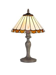 Adolfo 1 Light Curved Table Lamp E27 With 30cm Tiffany Shade, Amber/Cmozarella/Crystal/Aged Antique Brass