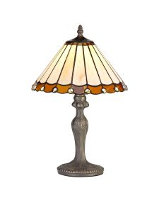 Adolfo 1 Light Curved Table Lamp E27 With 30cm Tiffany Shade, Amber/Cream/Crystal/Aged Antique Brass