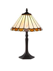 Adolfo 1 Light Octagonal Table Lamp E27 With 30cm Tiffany Shade, Amber/Cmozarella/Crystal/Aged Antique Brass