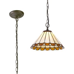 Adolfo 1 Light Downlighter Pendant E27 With 30cm Tiffany Shade, Amber/Cream/Crystal/Aged Antique Brass