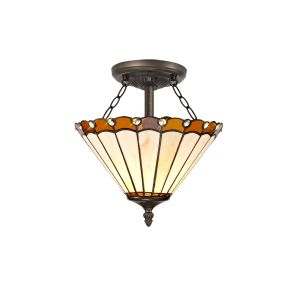 Adolfo 2 Light Semi Flush E27 With 30cm Tiffany Shade, Amber/Cream/Crystal/Aged Antique Brass