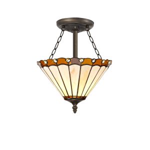Adolfo 3 Light Semi Flush E27 With 30cm Tiffany Shade, Amber/Cream/Crystal/Aged Antique Brass